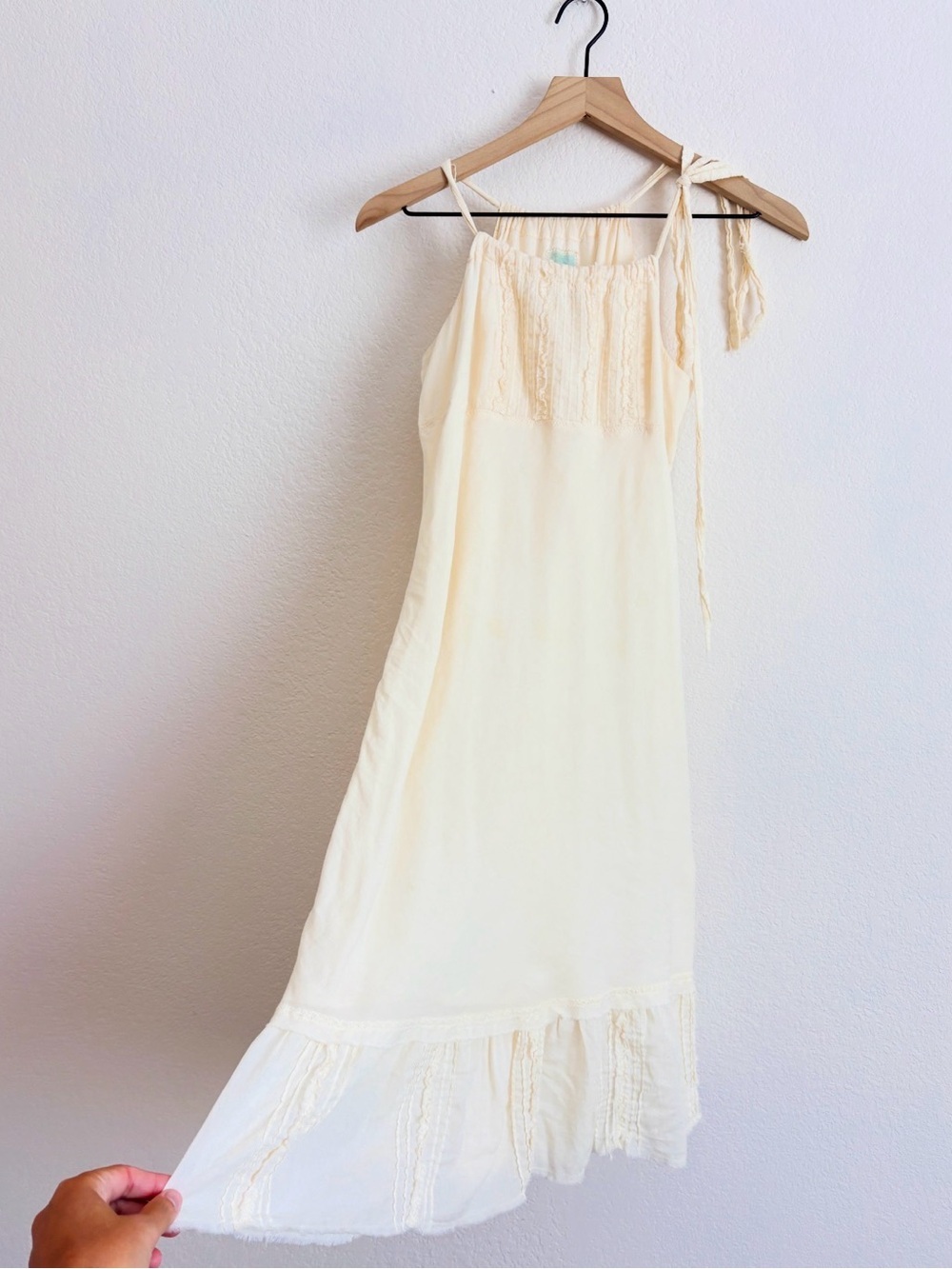 Burning Torch Anthropologie Gauzy Boho in Cream Lace-Trim Halter Sundress